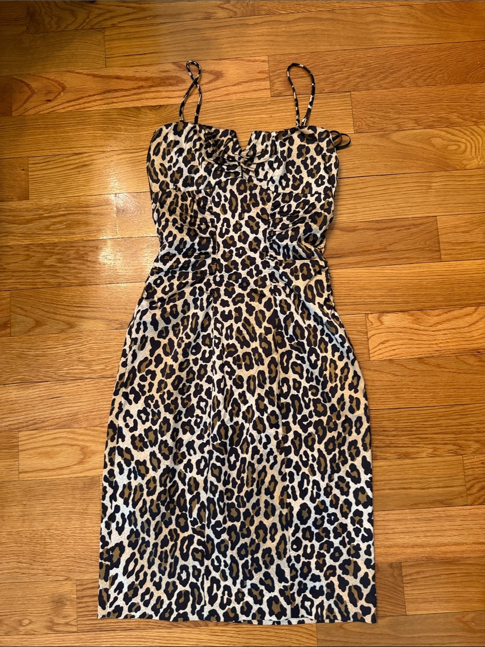 Cache leopard dress spaghetti strap vintage 90s ruched midi satin 6 Y2K NYC LA